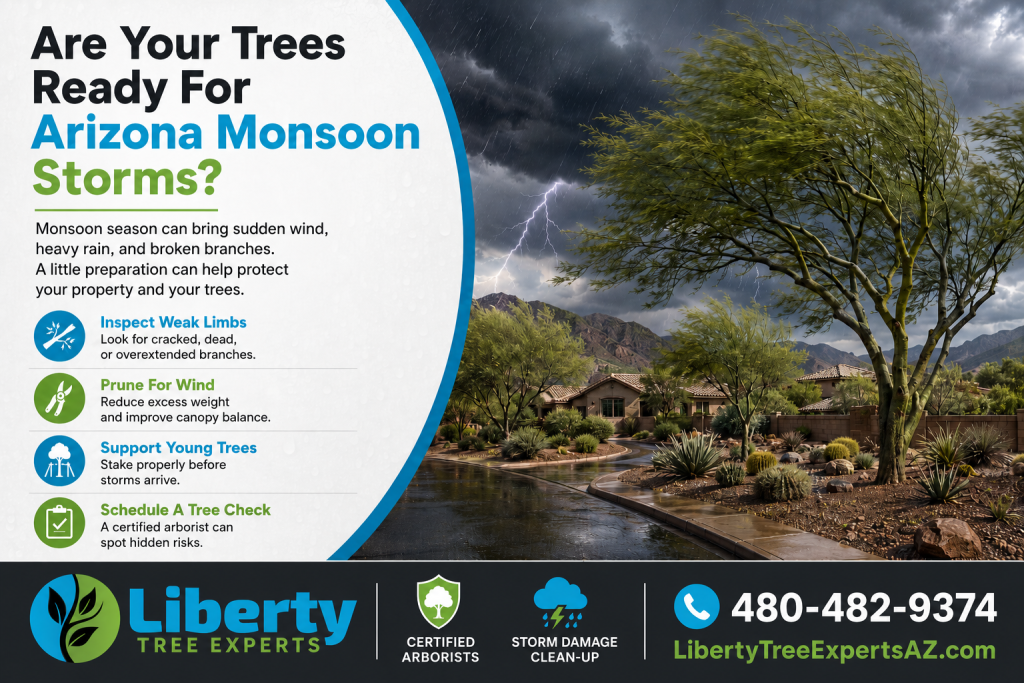 Arizona trees can look perfectly fine until the first serious monsoon storm arrives. Then the wind picks up, rain comes in sideways, and suddenly a heavy limb is on the roof, a mesquite has split, or a palm has dropped more debris than anyone expected. July is the month when tree problems stop being theoretical. A tree that has been neglected for a few seasons may have deadwood, crossed limbs, poor structure, too much canopy weight, or roots that are not holding as well as they should. Liberty Tree Experts provides professional tree care in Scottsdale, Mesa, Tempe, and throughout the Phoenix Valley, including tree trimming, pruning, tree removal, stump grinding, storm damage cleanup, cactus removal, and tree health assessments. Why Monsoon Weather Is Hard On Trees Monsoon storms bring a difficult mix of wind, rain, dust, and sudden pressure on the canopy. A tree with too much dense growth can catch wind like a sail. A weak branch may hold up during calm weather, then break once it is wet and moving. Some trees are more likely to show problems during storms, including mesquite, palo verde, acacia, eucalyptus, palms, and other common desert landscape trees. That does not mean those trees are bad choices. It means they need the right care. The University of Arizona Cooperative Extension notes that July brings heat, monsoon moisture, and changing watering needs for desert landscapes. In other words, this is a month when trees are under a lot of stress at once. Trimming Should Be Careful, Not Random Tree trimming before storm season is not about hacking a tree back until it looks empty. Over trimming can expose branches and trunks to sun damage, stress the tree, and create weak future growth. Good pruning is more selective. Dead, damaged, crossing, heavy, or poorly attached limbs may need attention. A certified arborist can look at the structure of the tree and decide what should stay and what should go. Liberty Tree Experts takes a holistic approach to tree health. Watering, soil quality, planting depth, and environment all affect how well a tree handles summer weather. Warning Signs To Look For Before the next storm, walk your property and look at your trees. Watch for dead branches, hanging limbs, cracks, leaning trunks, mushrooms near the base, exposed roots, sudden leaf loss, heavy canopy growth, or branches touching the roof. Also look at trees near walls, driveways, pools, parked vehicles, and power lines. Those are the areas where storm damage can become expensive quickly. If a tree already looks unstable, do not wait for the storm to test it. After A Storm, Safety Comes First If a branch breaks or a tree falls, avoid climbing, cutting, or pulling on heavy limbs yourself. Damaged trees can shift without warning. A split trunk or hanging limb may be under tension. Liberty Tree Experts offers storm damage cleanup and hazardous tree removal for homeowners who need safe, professional help after monsoon weather. Call Liberty Tree Experts Liberty Tree Experts provides tree service in Scottsdale, Mesa, Tempe, and across the Phoenix Valley. If your trees look overgrown, unstable, damaged, or overdue for pruning, schedule a professional assessment before the next storm. Call Liberty Tree Experts today at 480 482 9374 for a free tree service estimate.